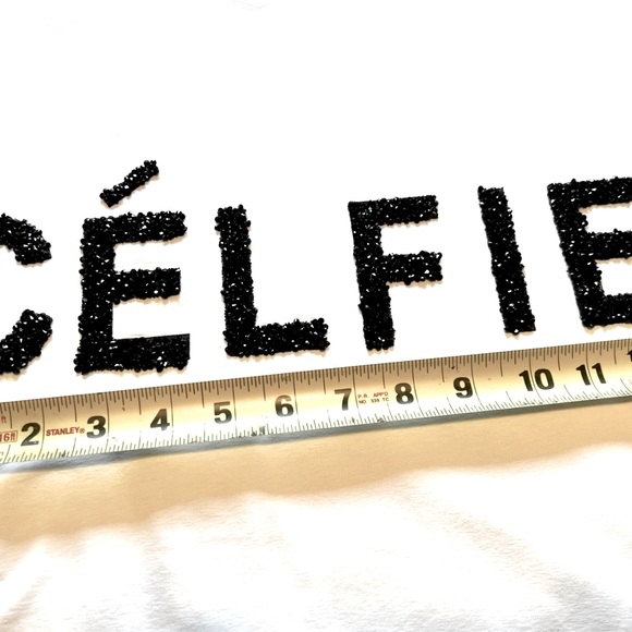 CÉLFIE in black beaded letters on white t-shirt Top - white stretchy fabric - Picture 13 of 14
